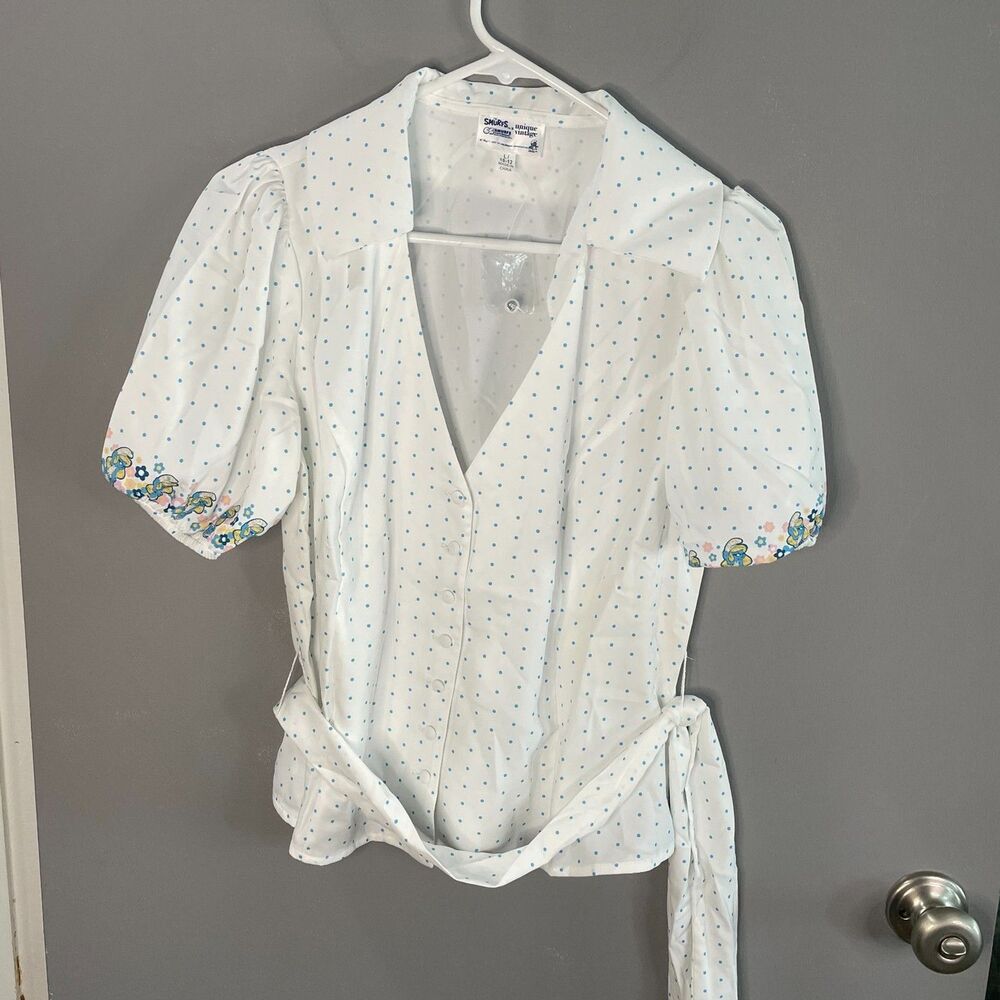 Unique Vintage X Smurfs Womens L Button Down Belted Polka Dot Top NWT